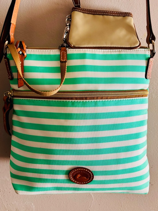 Dooney & Bourke Handbags - Dooney & Bourke Mint Green and White Striped Crossbody with Tan Leather Trim